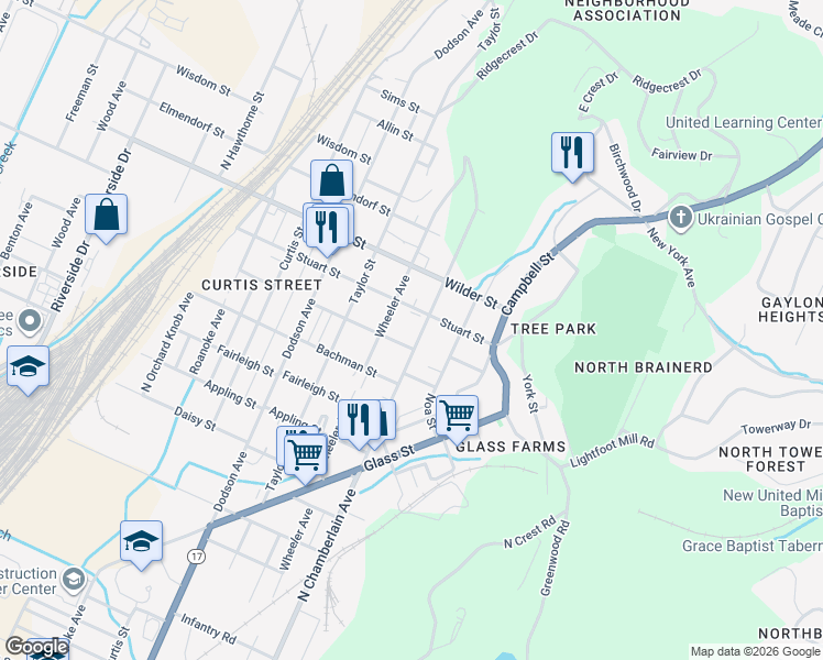 map of restaurants, bars, coffee shops, grocery stores, and more near 2911 North Chamberlain Avenue in Chattanooga