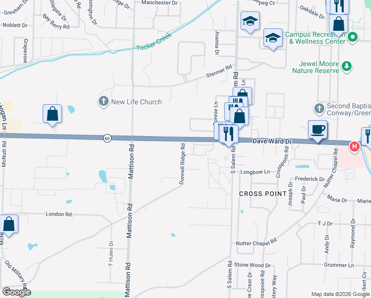 map of restaurants, bars, coffee shops, grocery stores, and more near 3020A Donnell Ridge Road in Conway