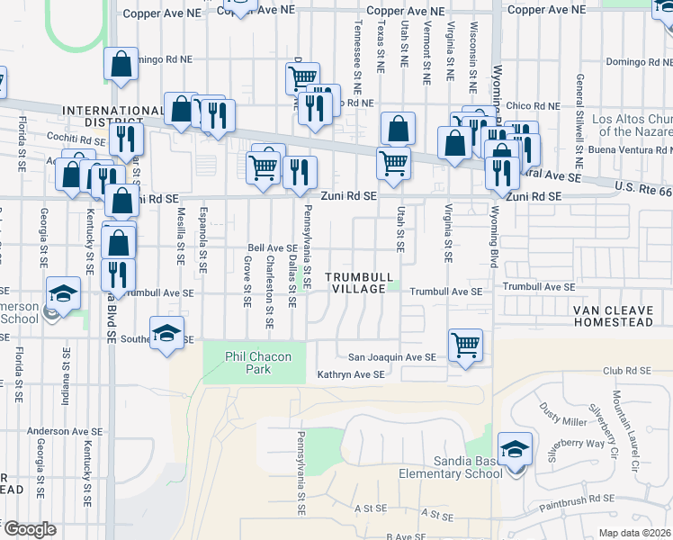 map of restaurants, bars, coffee shops, grocery stores, and more near 420 Pennsylvania Street Southeast in Albuquerque