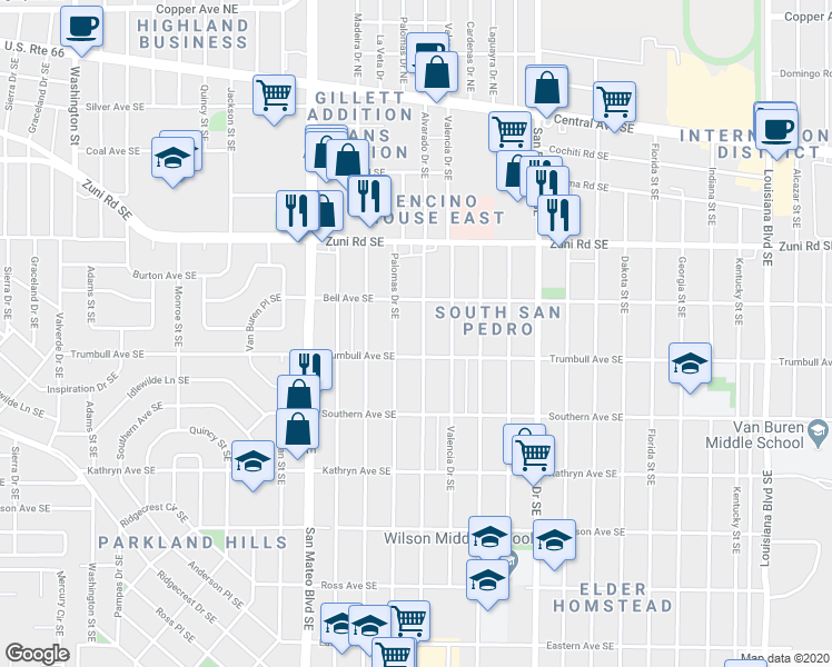 map of restaurants, bars, coffee shops, grocery stores, and more near 700 Palomas Drive Southeast in Albuquerque