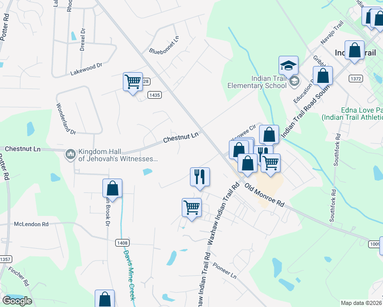 map of restaurants, bars, coffee shops, grocery stores, and more near 135 Chestnut Lane in Indian Trail