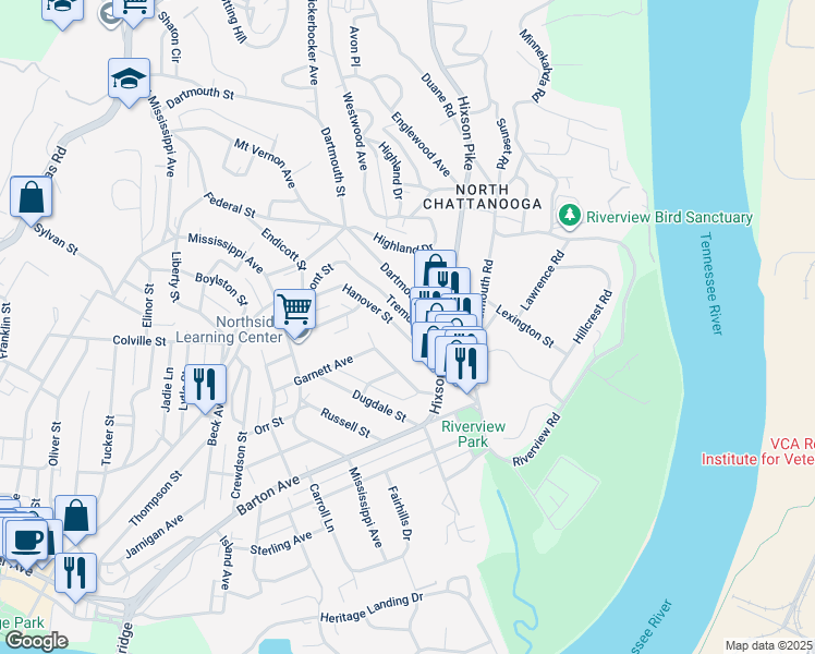 map of restaurants, bars, coffee shops, grocery stores, and more near 1214 Dartmouth Street in Chattanooga