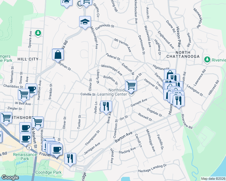 map of restaurants, bars, coffee shops, grocery stores, and more near 908 Boylston Street in Chattanooga