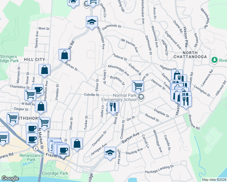 map of restaurants, bars, coffee shops, grocery stores, and more near 717 Liberty Street in Chattanooga