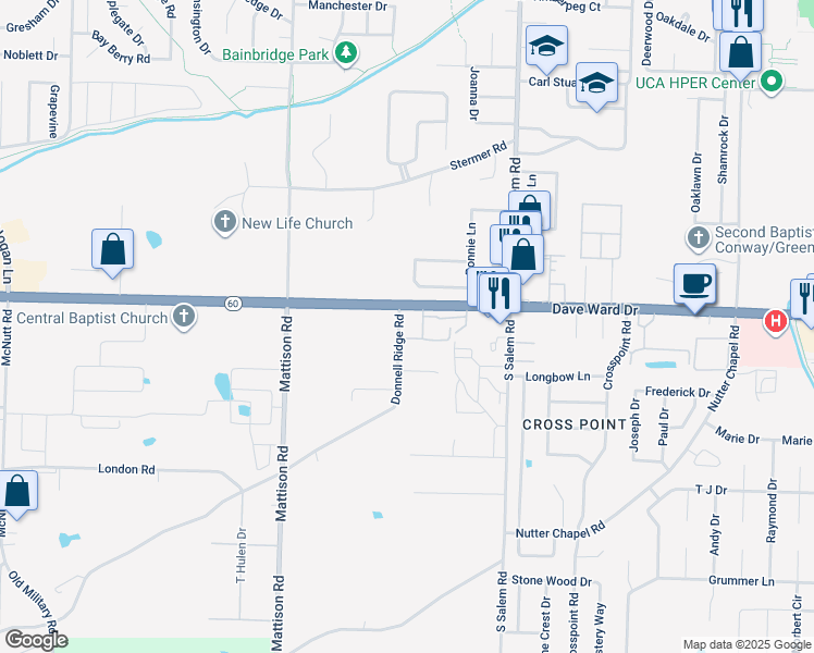 map of restaurants, bars, coffee shops, grocery stores, and more near 3020A Donnell Ridge Road in Conway