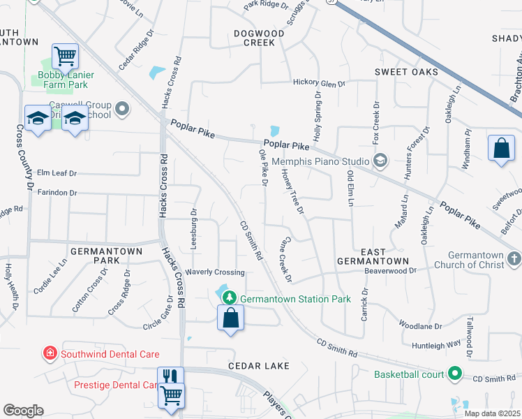 map of restaurants, bars, coffee shops, grocery stores, and more near 2891 Ole Pike Drive in Germantown