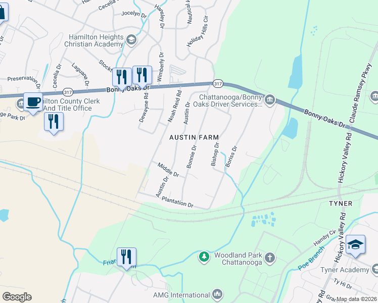 map of restaurants, bars, coffee shops, grocery stores, and more near 7615 Bonnie Drive in Chattanooga