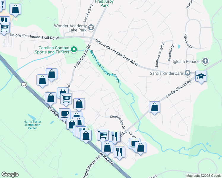 map of restaurants, bars, coffee shops, grocery stores, and more near 1730 Cottage Creek Road in Indian Trail