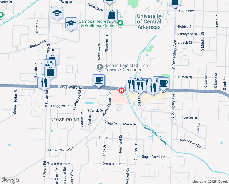 map of restaurants, bars, coffee shops, grocery stores, and more near 2505 Nutter in Conway