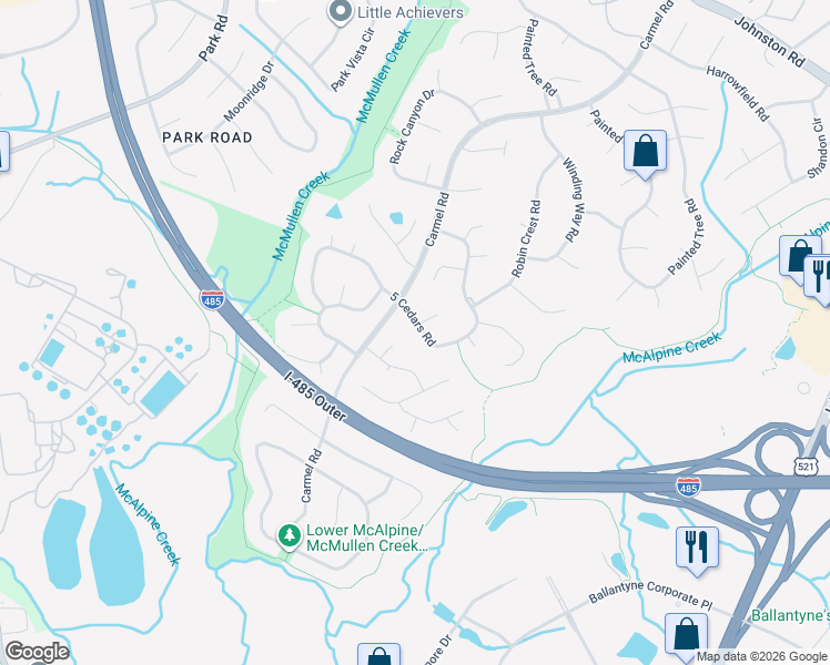 map of restaurants, bars, coffee shops, grocery stores, and more near 11545 5 Cedars Road in Charlotte