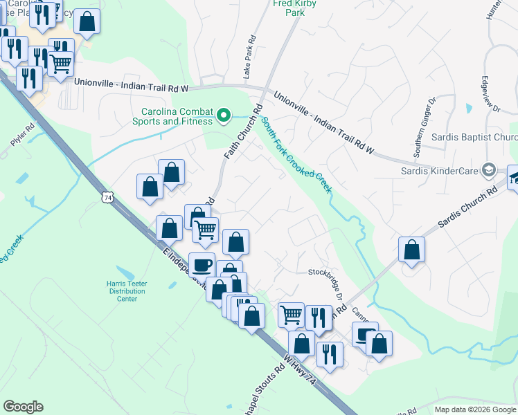 map of restaurants, bars, coffee shops, grocery stores, and more near 2210 Tree Ridge Road in Indian Trail