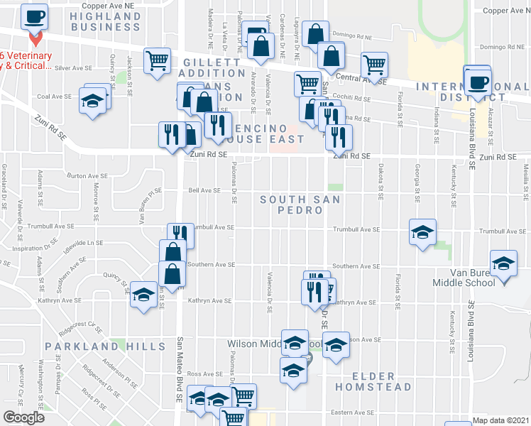 map of restaurants, bars, coffee shops, grocery stores, and more near 615 Valencia Drive Southeast in Albuquerque