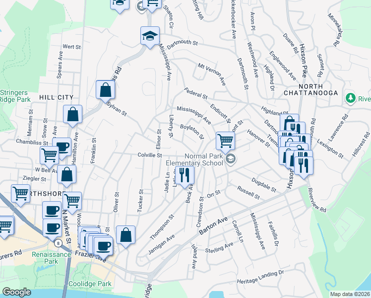 map of restaurants, bars, coffee shops, grocery stores, and more near 717 Liberty Street in Chattanooga
