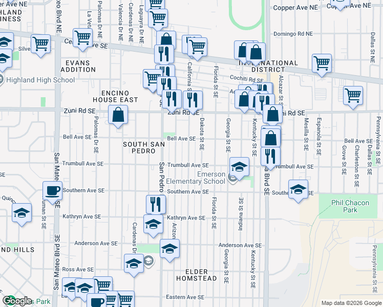 map of restaurants, bars, coffee shops, grocery stores, and more near 520 California Street Southeast in Albuquerque