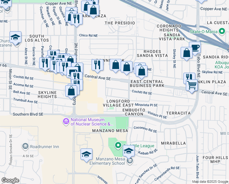 map of restaurants, bars, coffee shops, grocery stores, and more near 10804 Cochiti Road Southeast in Albuquerque