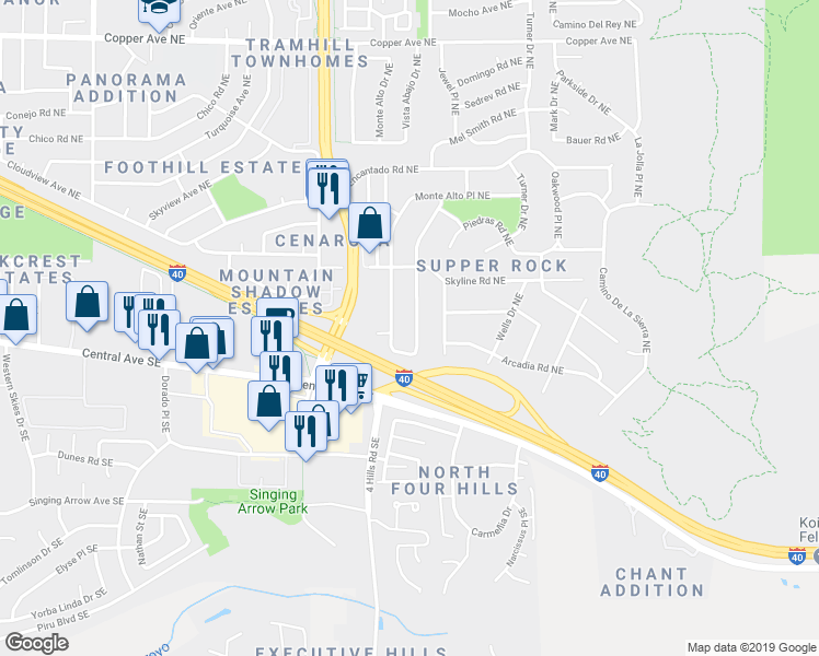 map of restaurants, bars, coffee shops, grocery stores, and more near 191 Monte Largo Drive Northeast in Albuquerque