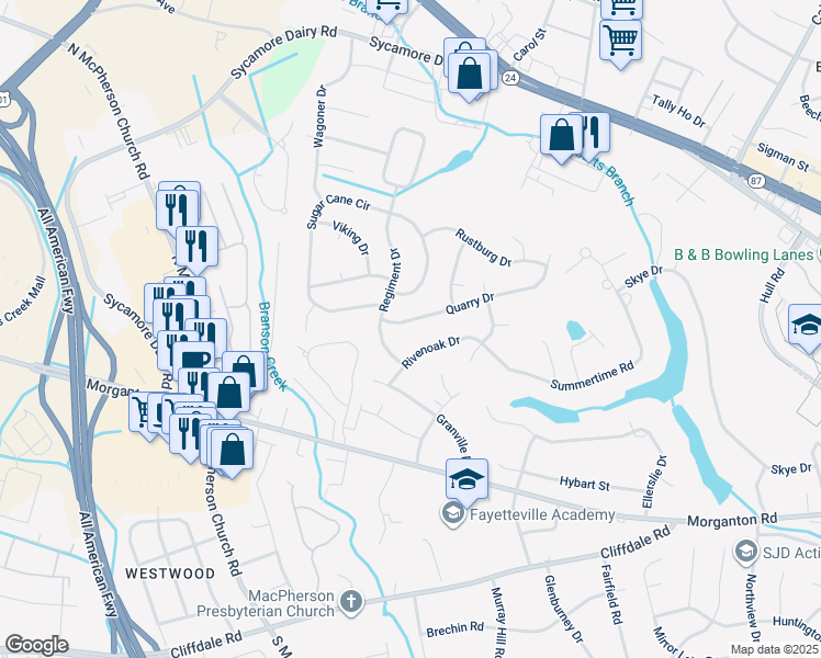 map of restaurants, bars, coffee shops, grocery stores, and more near 3367 Quarry Drive in Fayetteville