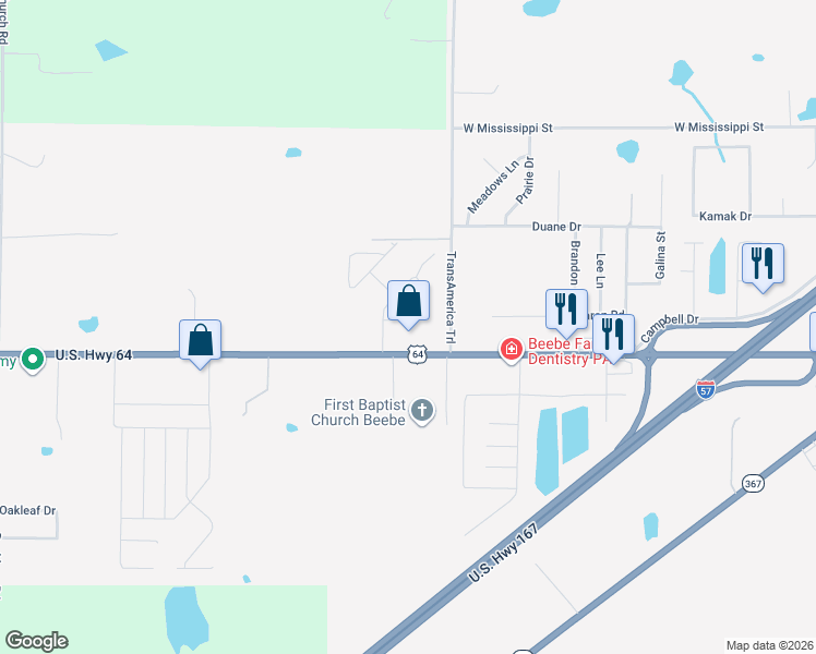 map of restaurants, bars, coffee shops, grocery stores, and more near 128 Christina Lane in Beebe