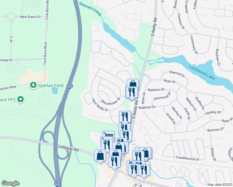 map of restaurants, bars, coffee shops, grocery stores, and more near 6812 Shawcross Lane in Fayetteville