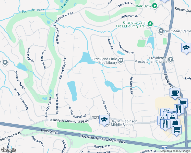 map of restaurants, bars, coffee shops, grocery stores, and more near Quail Chase Court in Charlotte