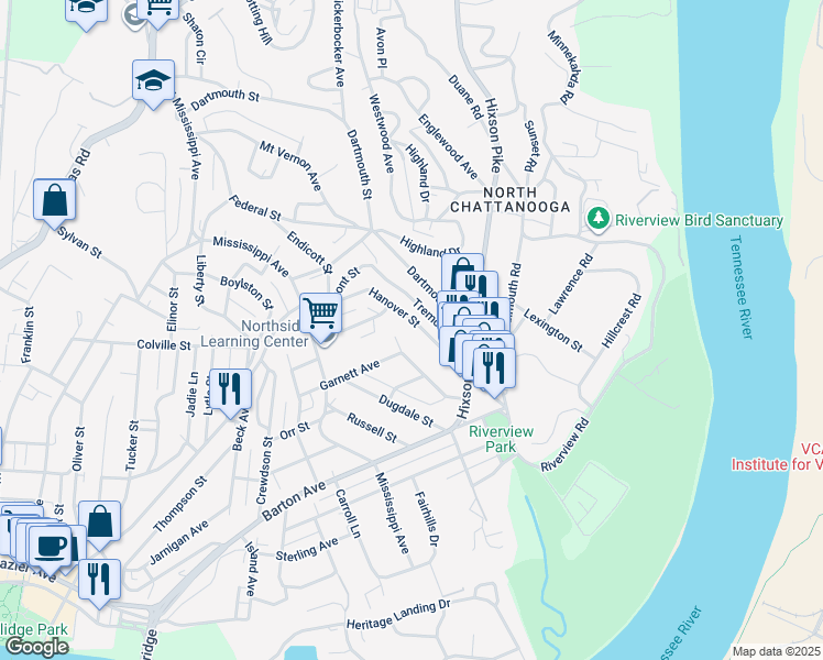 map of restaurants, bars, coffee shops, grocery stores, and more near 1214 Hanover Street in Chattanooga