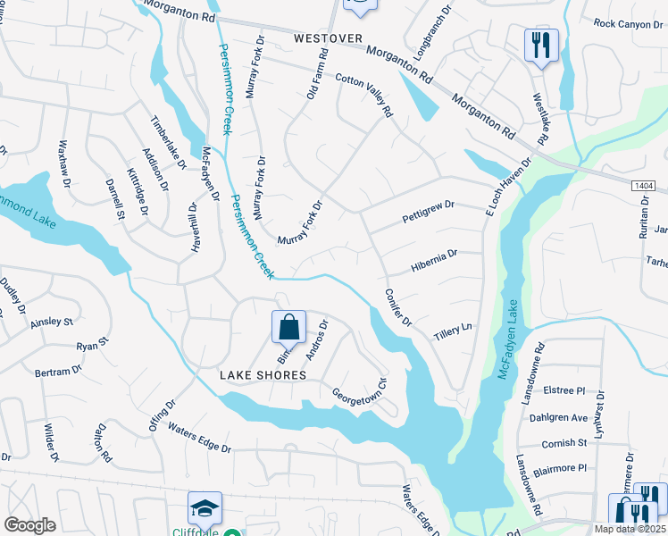 map of restaurants, bars, coffee shops, grocery stores, and more near 514 Toxaway Court in Fayetteville