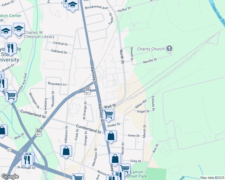 map of restaurants, bars, coffee shops, grocery stores, and more near 135 Byrd Street in Fayetteville