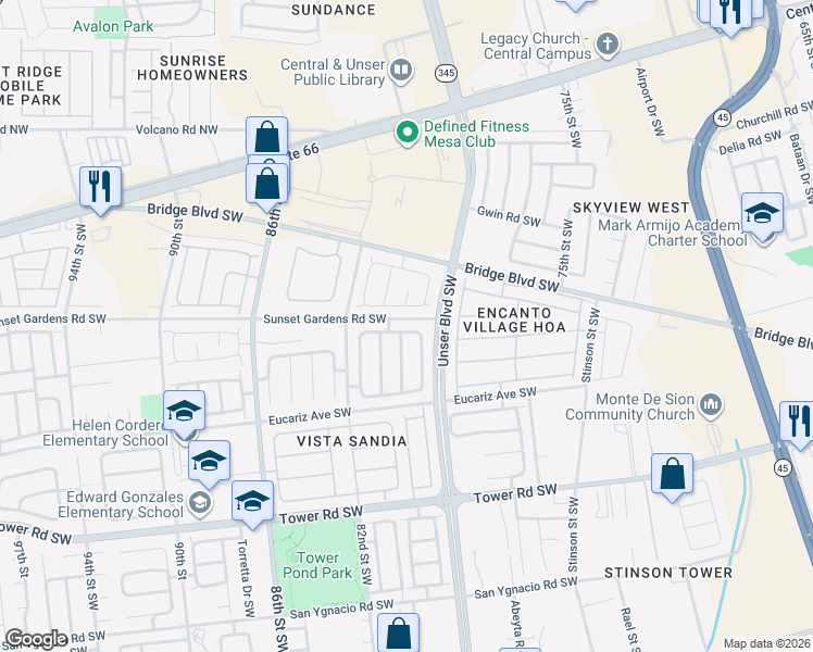 map of restaurants, bars, coffee shops, grocery stores, and more near 7919 Gem Pointe Road Southwest in Albuquerque