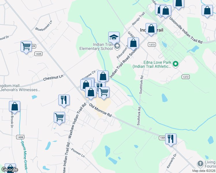 map of restaurants, bars, coffee shops, grocery stores, and more near 102 Coventry Drive in Indian Trail