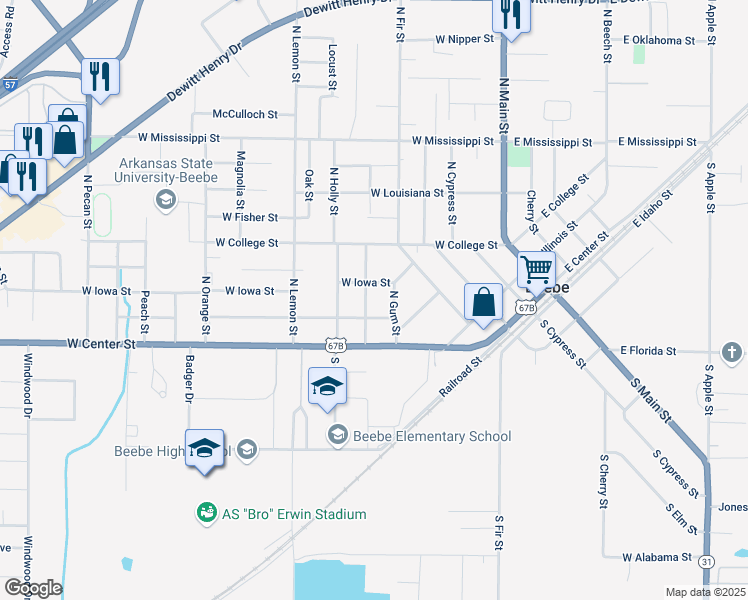 map of restaurants, bars, coffee shops, grocery stores, and more near 208 North Hickory Street in Beebe