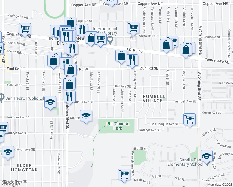 map of restaurants, bars, coffee shops, grocery stores, and more near 420 Grove Street Southeast in Albuquerque