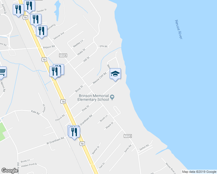 map of restaurants, bars, coffee shops, grocery stores, and more near 314 Neuse Forest Avenue in New Bern