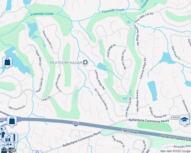 map of restaurants, bars, coffee shops, grocery stores, and more near 10637 Fairway Ridge Road in Charlotte