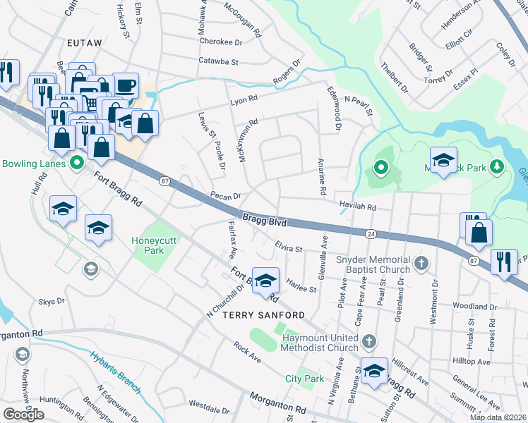 map of restaurants, bars, coffee shops, grocery stores, and more near 2108 Bragg Boulevard in Fayetteville