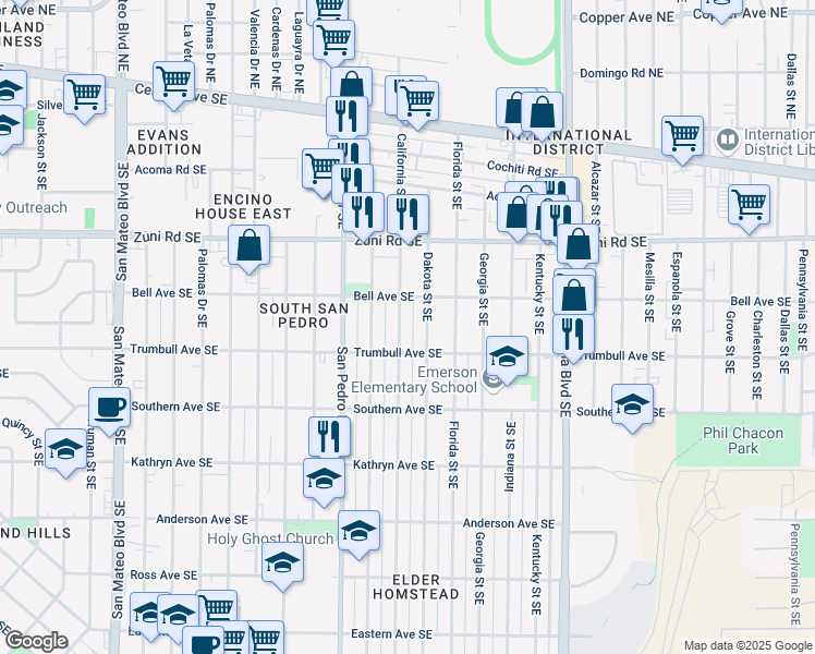 map of restaurants, bars, coffee shops, grocery stores, and more near 520 California Street Southeast in Albuquerque