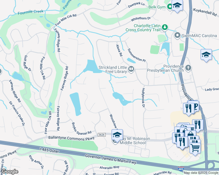 map of restaurants, bars, coffee shops, grocery stores, and more near 10402 Quail Chase Court in Charlotte