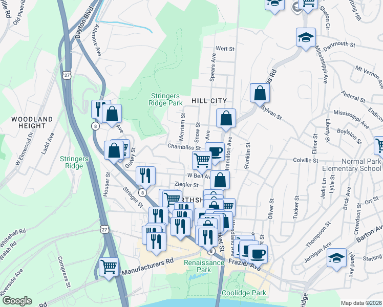 map of restaurants, bars, coffee shops, grocery stores, and more near 625 Snow Street in Chattanooga