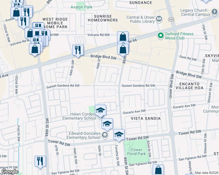 map of restaurants, bars, coffee shops, grocery stores, and more near 8835 Odin Road Southwest in Albuquerque