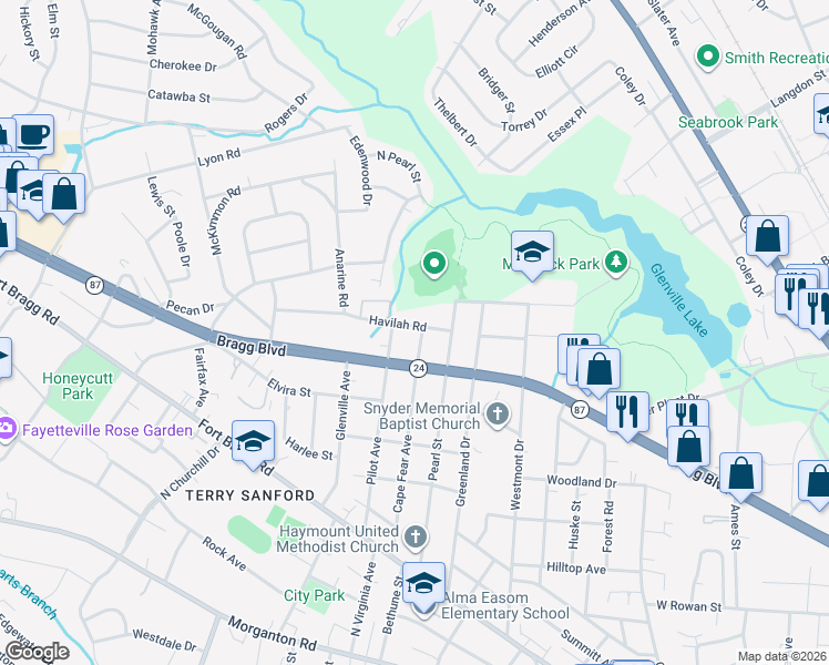 map of restaurants, bars, coffee shops, grocery stores, and more near 809 Cape Fear Avenue in Fayetteville