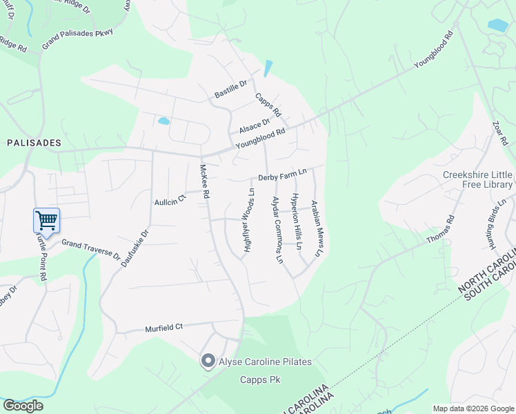 map of restaurants, bars, coffee shops, grocery stores, and more near 13626 Highflyer Woods Lane in Charlotte