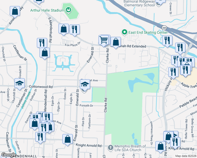 map of restaurants, bars, coffee shops, grocery stores, and more near 5594 Elmhurst Avenue in Memphis