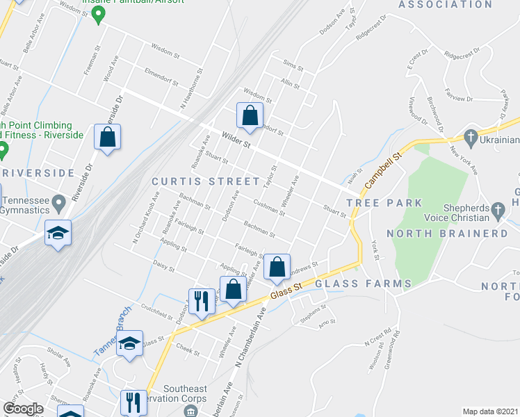 map of restaurants, bars, coffee shops, grocery stores, and more near 2814 Taylor Street in Chattanooga