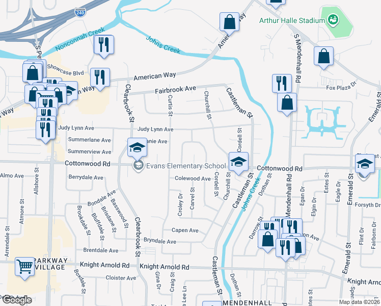 map of restaurants, bars, coffee shops, grocery stores, and more near 2886 Landview Cove in Memphis