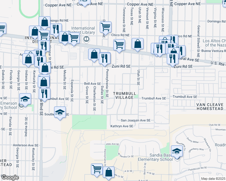 map of restaurants, bars, coffee shops, grocery stores, and more near 420 Pennsylvania Street Southeast in Albuquerque