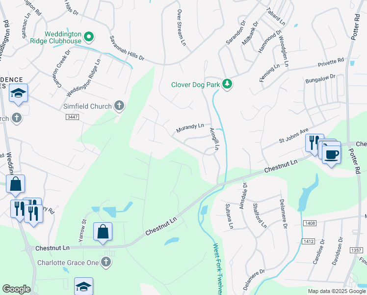 map of restaurants, bars, coffee shops, grocery stores, and more near 1623 Aringill Lane in Matthews