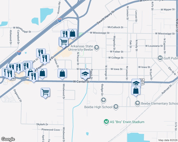 map of restaurants, bars, coffee shops, grocery stores, and more near 1203 West Iowa Street in Beebe