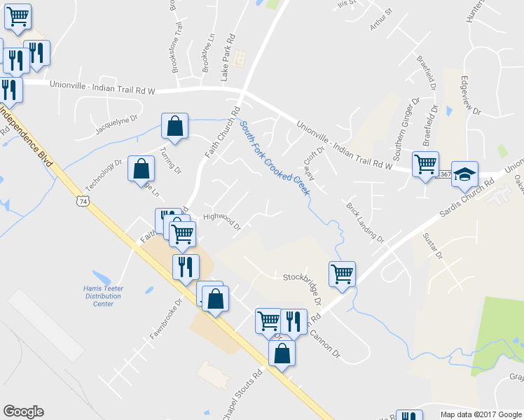 map of restaurants, bars, coffee shops, grocery stores, and more near 1201 Loring Drive in Indian Trail