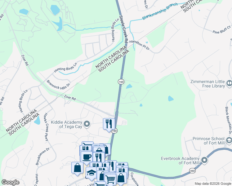 map of restaurants, bars, coffee shops, grocery stores, and more near 3187 South Carolina 160 in Fort Mill
