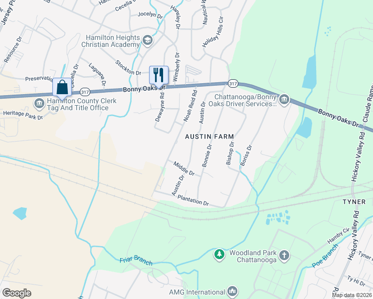map of restaurants, bars, coffee shops, grocery stores, and more near 7611 Austin Drive in Chattanooga