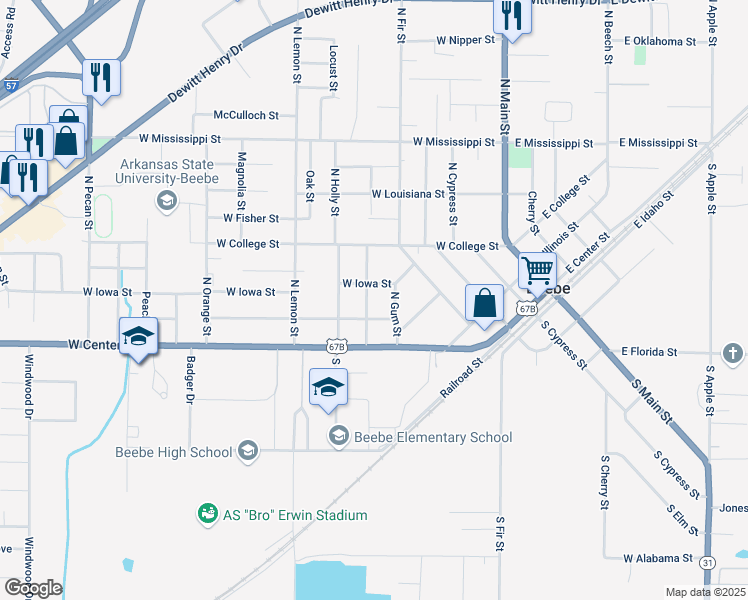 map of restaurants, bars, coffee shops, grocery stores, and more near 208 North Hickory Street in Beebe